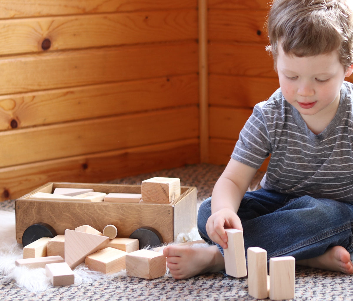 Amish-Made Wooden Toddler Pull Wagon Toy with Wood Building Blocks