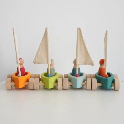 4-Piece Wooden "Land Yachts" with 4 Peg Dolls (Stained)