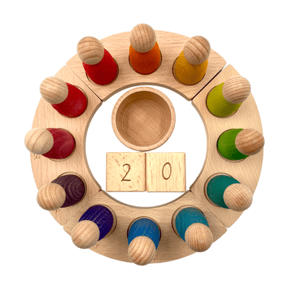 Wooden Perpetual Calendar with 12 Peg Dolls (Stained)