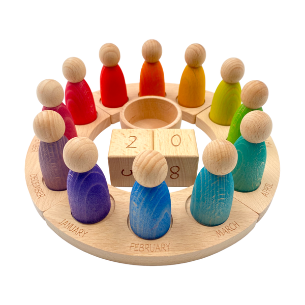 Wooden Perpetual Calendar with 12 Peg Dolls (Stained)