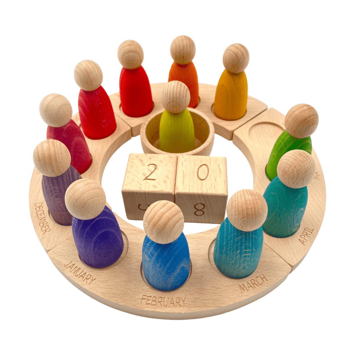 Wooden Perpetual Calendar with 12 Peg Dolls (Stained)