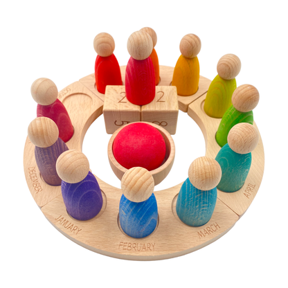 Wooden Perpetual Calendar with 12 Peg Dolls (Stained)