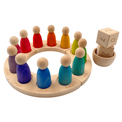 Wooden Perpetual Calendar with 12 Peg Dolls (Stained)