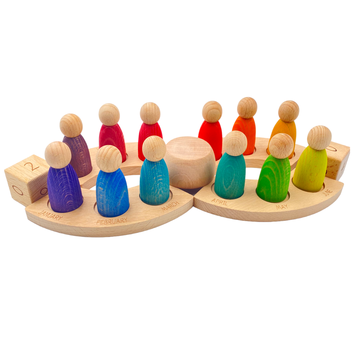 Wooden Perpetual Calendar with 12 Peg Dolls (Stained)