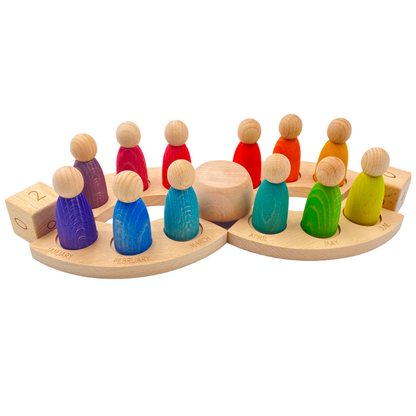 Wooden Perpetual Calendar with 12 Peg Dolls (Stained)