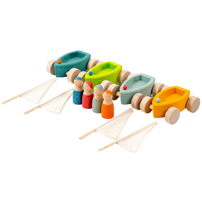 4-Piece Wooden "Land Yachts" with 4 Peg Dolls (Stained)