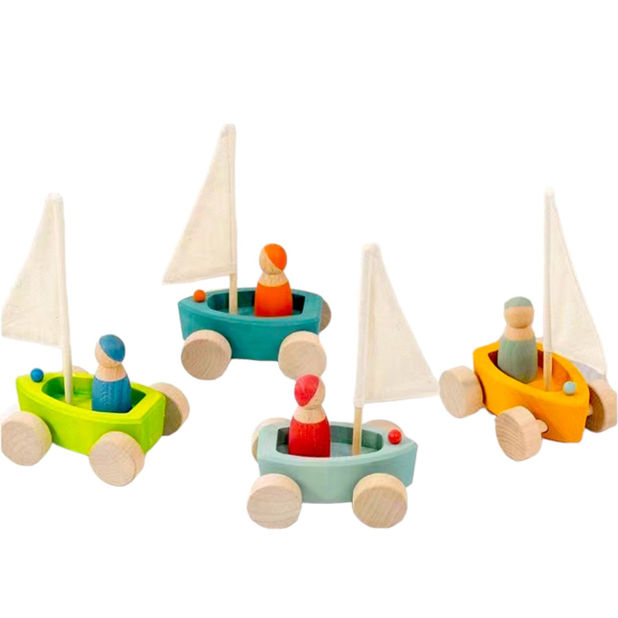 4-Piece Wooden "Land Yachts" with 4 Peg Dolls (Stained)