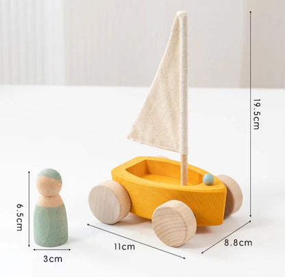 4-Piece Wooden "Land Yachts" with 4 Peg Dolls (Stained)