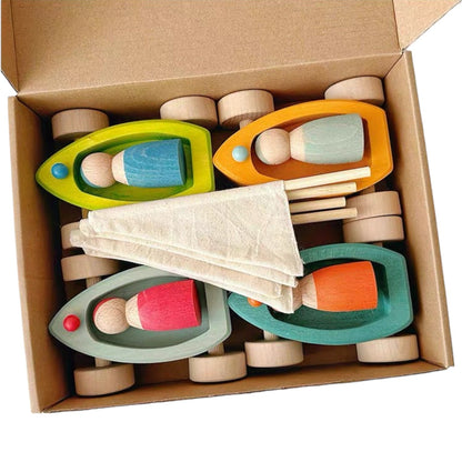 4-Piece Wooden "Land Yachts" with 4 Peg Dolls (Stained)