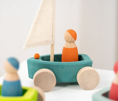 4-Piece Wooden "Land Yachts" with 4 Peg Dolls (Stained)