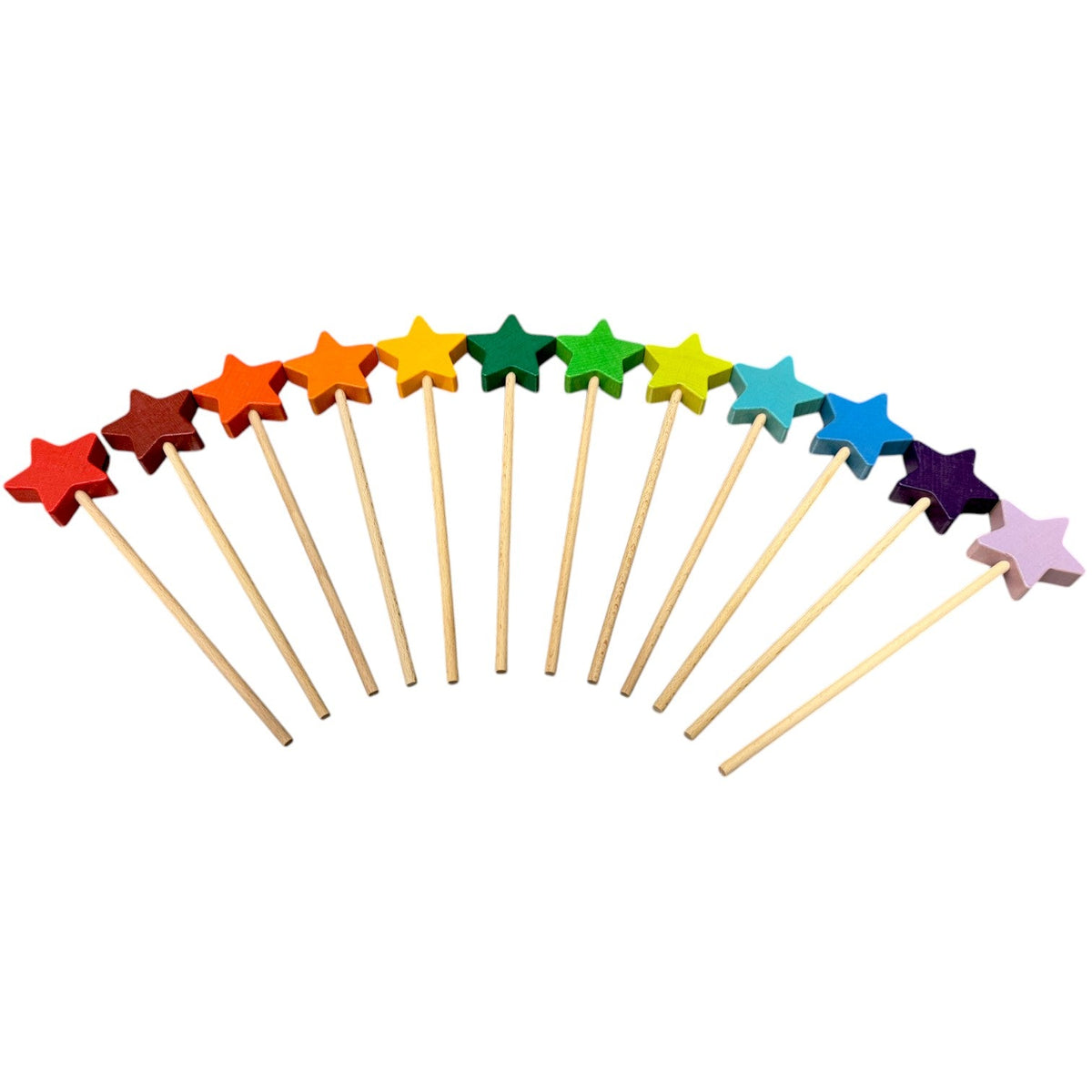 12-Piece Wooden Star Wand Set in Rainbow and Natural Colors