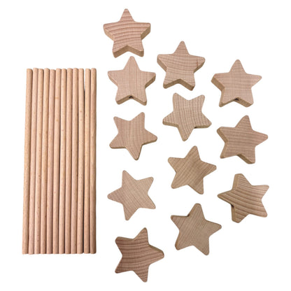12-Piece Wooden Star Wand Set in Rainbow and Natural Colors