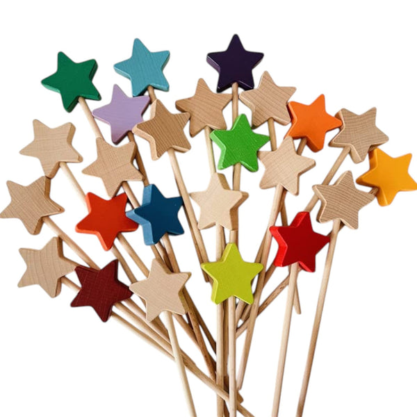 12-Piece Wooden Star Wand Set in Rainbow and Natural Colors