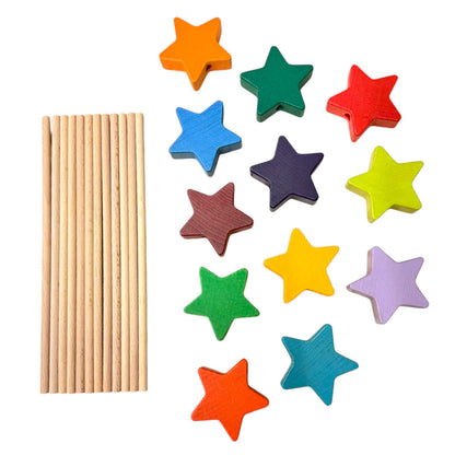 12-Piece Wooden Star Wand Set in Rainbow and Natural Colors