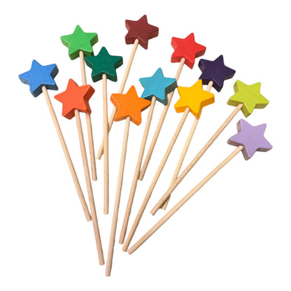 12-Piece Wooden Star Wand Set in Rainbow and Natural Colors