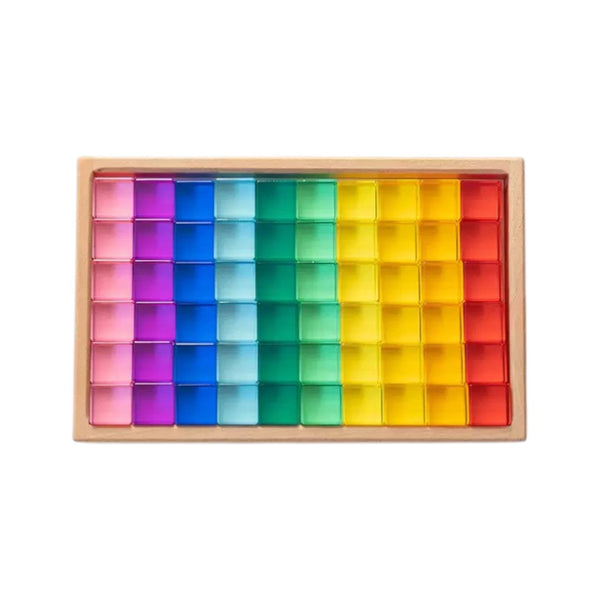 60-Piece Crystal-Clear Lucite Cube Set with Wooden Tray – Rainbow or Pastel Colors
