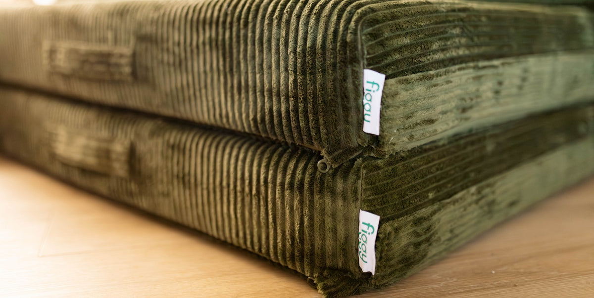 Stacked Figgy Adventure Mats in Moss luxe corded plush