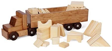 Large Semi Truck and Trailer Wooden Toy Set - with 30 Building Blocks