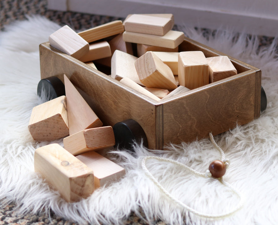Amish-Made Wooden Toddler Pull Wagon Toy with Wood Building Blocks