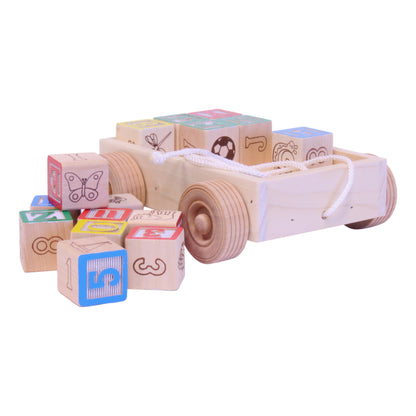 Amish-Made Wooden ABC Block Toddler Pull-String Wagon Toy